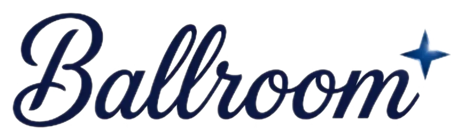 Ballroom logo, cropped: navy script wordmark with a blue star