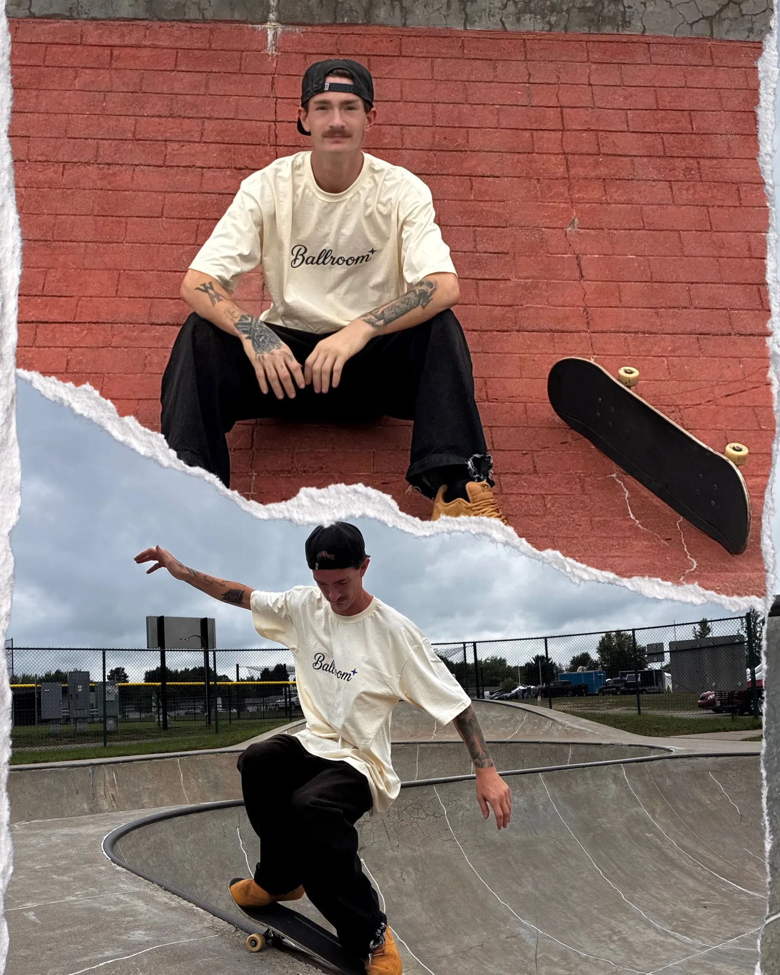 Torn-paper collage: Trenton on a red brick wall above, carving a skatepark bowl below